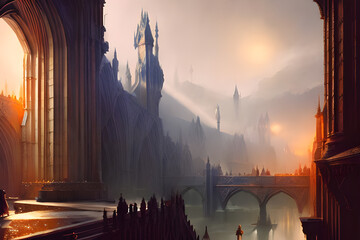 Gothic fantasy city with cathedrals, churches, towers, houses and king in mystic mist - catolic - medieval - goth