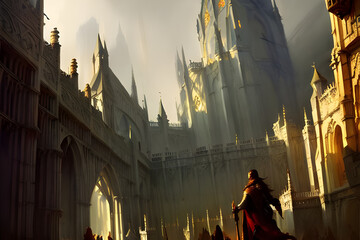 Gothic fantasy city with cathedrals, churches, towers, houses and knights, wizards and priests in mystic mist - catolic - medieval 