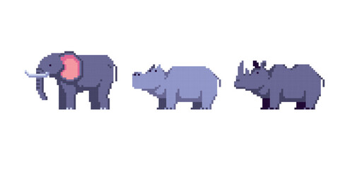 Elephant, hippopotamus and rhinoceros pixel art set. African fauna. Big species collection. 8 bit. Game development, mobile app.  Isolated vector illustration.