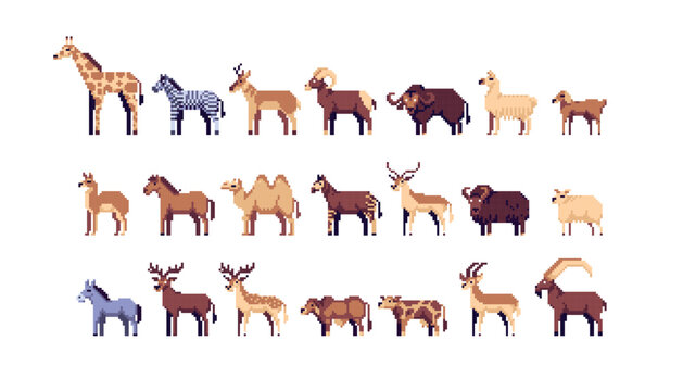 Different cattle breeds pixel art set. Horses, deer and livestock collection. 8 bit. Game development, mobile app.  Isolated vector illustration.