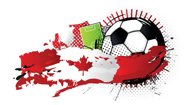 Black and white soccer ball surrounded by red and white spots forming the flag of Canada with a soccer field in the background. Vector image