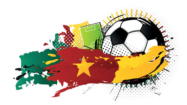 Black and white soccer ball surrounded by green, red and yellow spots forming the flag of Cameroon with a soccer field in the background. Vector image