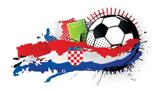 Black and white soccer ball surrounded by red, blue and white spots forming the flag of Croatia with a soccer field in the background. Vector image