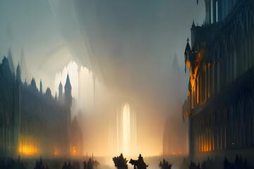 Gothic fantasy city with cathedrals, churches, towers, houses and knights, wizards and priests in mystic mist - catolic - medieval - gothic