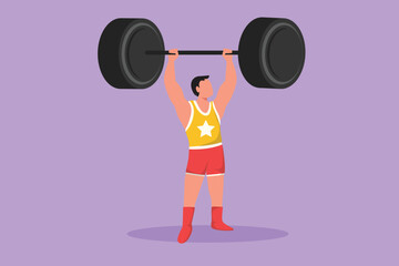 Graphic flat design drawing of bodybuilder raised barbell or dumbbell with his two hands. Healthy strongman with muscle performance. Circus show event entertainment. Cartoon style vector illustration