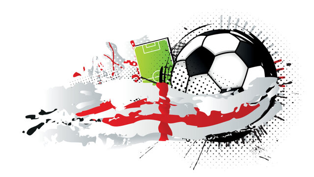 Black and white soccer ball surrounded by red and white spots forming the flag of England with a soccer field in the background. Vector image