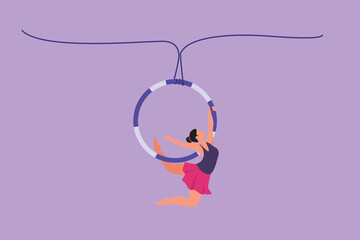 Graphic flat design drawing female acrobat performs on aerial hoop while dancing and has one arm and both legs stretched backwards. Circus show event entertainment. Cartoon style vector illustration © onetime
