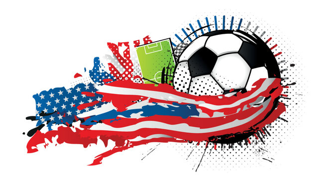 Black and white soccer ball surrounded by blue, red and white spots forming the USA flag with a soccer field in the background. Vector image