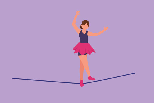 Character flat drawing female acrobat walking on rope while dancing and raising her hand. Attraction requires courage and agility. Circus show event entertainment. Cartoon design vector illustration