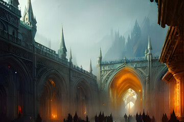 Gothic fantasy city with cathedrals, churches, towers, houses and knights, wizards and priests in mystic mist  high fantasy - catolic - medieval - goth