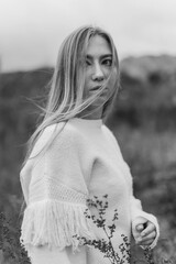 Close up outdoor portrait of young beauty blondie caucasian girl