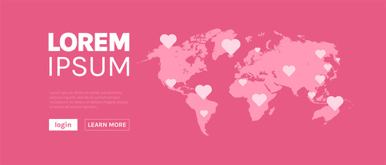 Happy valentines day banner and world map on pink background concept horizontal flat illustration.	
