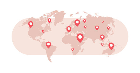 World map worlds pins and travel concept flat illustration.
