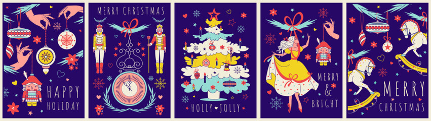 Vintage Christmas posters with fir tree decorations and Merry Christmas greeting. Cozy graphic Noel toys hanging on strings. Retro Xmas time print, vector postcard.Traditional New year accessories.