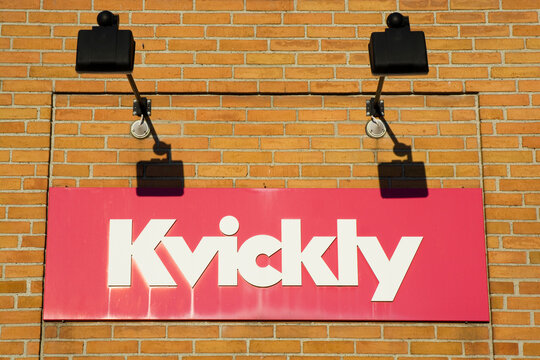 Kvickly supermarket logo view in Ronne, Bornholm. Kvickly is a chain of supermarkets in Denmark,  owned by Coop Danmark