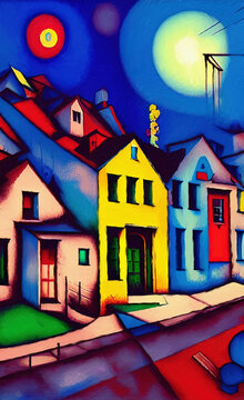 Digital painted cute houses at night in style of naive, cubism, modern contemporary art. Colorful catoon houses illustration, print for canvas, paper, poster, other design works. © Katsiaryna