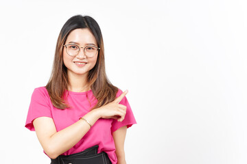 Fototapeta premium Showing Product and Pointing Side Of Beautiful Asian Woman Isolated On White Background