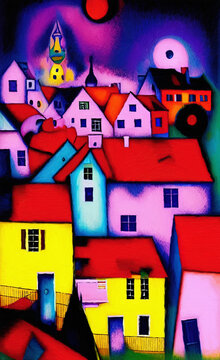 Digital painted cute houses at night in style of naive, cubism, modern contemporary art. Colorful catoon houses illustration, print for canvas, paper, poster, other design works.