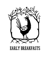 Vector card with hand drawn cute black chicken in graceful floral wreath. Beautiful ink drawing, heavy contour, graphic style. Perfect elements for food or farming design.