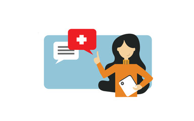 Girl with hospital sign. Flat character design . Vector illustration