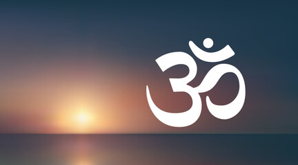 Vector abstract aerial panoramic view of sunrise over ocean with chakra om icon. Illustration of meditation and relaxation.