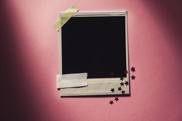 Scrap vintage photo frame.  download decorative template memories with space for text. pink background