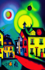 Fototapeta na wymiar Digital painted cute houses at night in style of naive, cubism, modern contemporary art. Colorful catoon houses illustration, print for canvas, paper, poster, other design works.