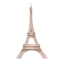 Watercolor illustration of hand painted tower in Paris France in brown and beige colors. Touristic sightseeing. Famous landmark. Isolated clip art for posters, banners, postcards, interior stickers