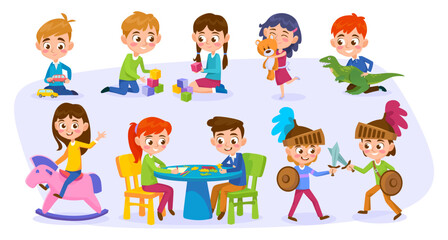 Fototapeta premium Set of cute kids with their toys isolated on white background. A boy and a girl playing a board game together. Children playing with a teddy bear, dinosaur, toy car. Cartoon style vector illustration.