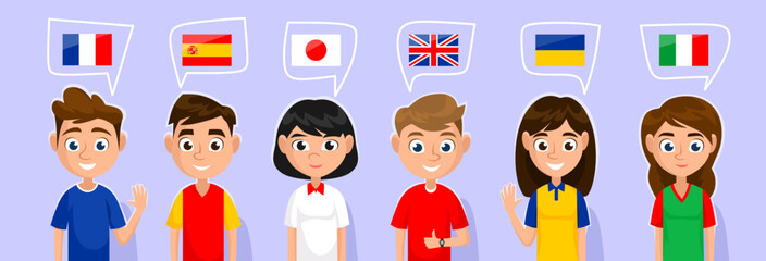 Characters of young people from different countries: France, Spain, Japan, the UK, Ukraine and Italy. Banner for language school or courses. European languages. Cartoon style vector illustration. © Microstocker.Pro