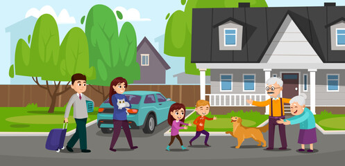 Obraz na płótnie Canvas A young happy family with kids visiting grandparents at their home. Husband and wife with a daughter, a son, a pet cat and a dog came to grandma and grandpa. Cartoon style vector illustration.