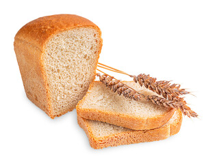 Homemade organic loaf of bread sliced for sandwich or toast cooking with ripe dry whole grain wheat crop cultivated for its seeds isolated on white background served as healthy snack with protein