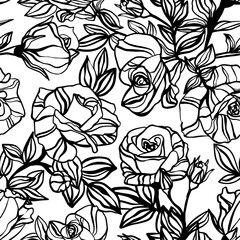Seamless pattern with flowers roses. Black and white floral pattern. Hand drawn botanical ink illustration. Roses painted by brush. Hand drawn black print for fabric, wrapping paper, wallpaper design