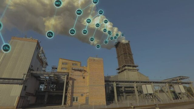 Environmental pollution visualization. White smoke from the factory chimney, visualization of the release of hazardous components. Emission of solid substances into the atmosphere.