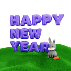3d purple balloon of 2023 new year and rabbit sitting on lawn isolated. PNG file