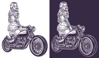 Fototapeta na wymiar Cool girl motorcyclist monochrome emblem