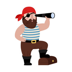 Cute cartoon one-eyed pirate looks through a spyglass. Old bearded sailor in vest and bandana stands with his foot on treasure chest. Vector stock hand-drawn illustration isolated on white background.