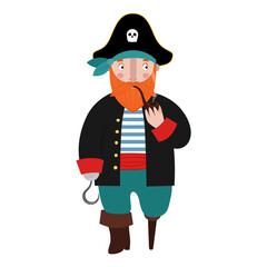 Cute cartoon red-haired one-legged pirate in a pirate hat smokes a pipe. An old bearded sailor in a vest. Vector stock hand-drawn illustration isolated on a white background.