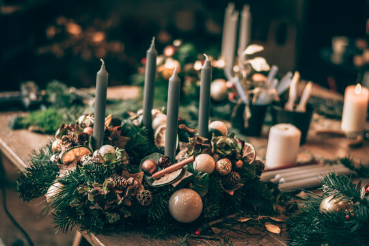 components for preparation of traditional christmas advent wreath