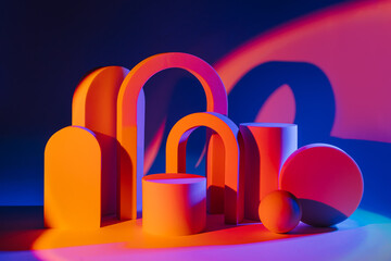 Abstract background with various geometrical forms and podiums in bright color.