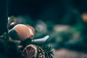 Merry Christmas concept with natural adorns on christmas wreath, details