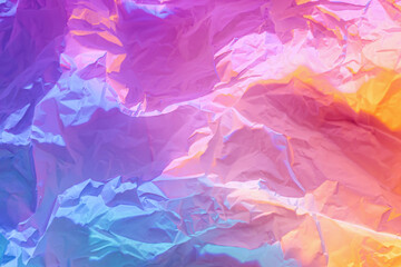 Abstract background with crumpled paper in neon gradient. Vivid blue, pink and orange colors