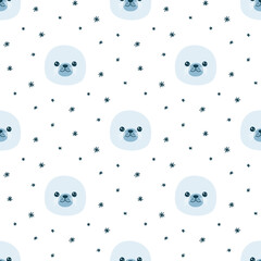 Vector seamless pattern with cute muzzles of fur seals