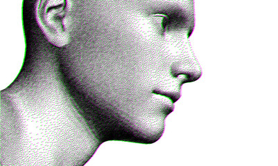 Abstract man head made from dots. Side view of dotted face background. Cover design template. 3D vector illustration for banner, flyer, poster or brochure.