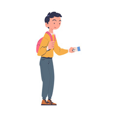 Smiling Man Character with Backpack and Ticket at the Airport Boarding Plane Vector Illustration