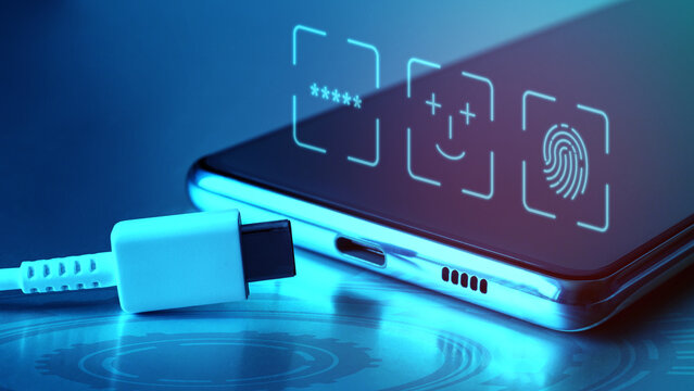 Identity icons on the smartphone's touch screen and USB Type C cable. Secure mobile device connection concept, Personal data retention
