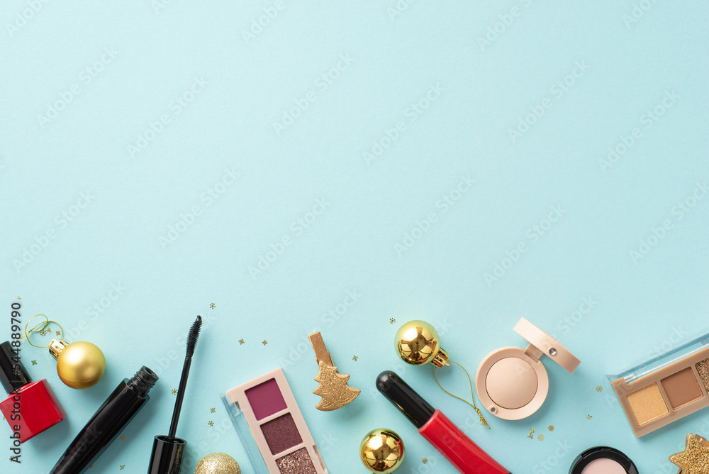 Wall mural christmas season concept. top view photo of decorative cosmetics lip gloss nail polish mascara eyesh