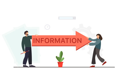 Fototapeta premium People holding sign post with information word, signs for web sites design, searching information concept, flat vector illustration