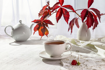 Still life with tea and a branch of wild grapes on the windowsill
