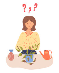 A thoughtful girl looks at a wilting potted plant. Indoor flower dries and sheds leaves. Houseplant care and growing problems. Vector illustration in flat style on a white background